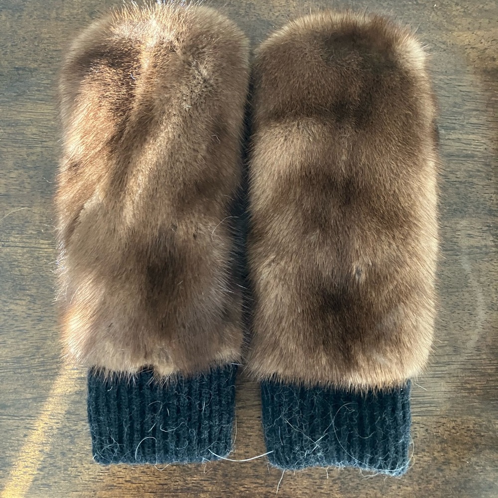 Real Mink Brown Fur Mittens with Black Knit Cuffs